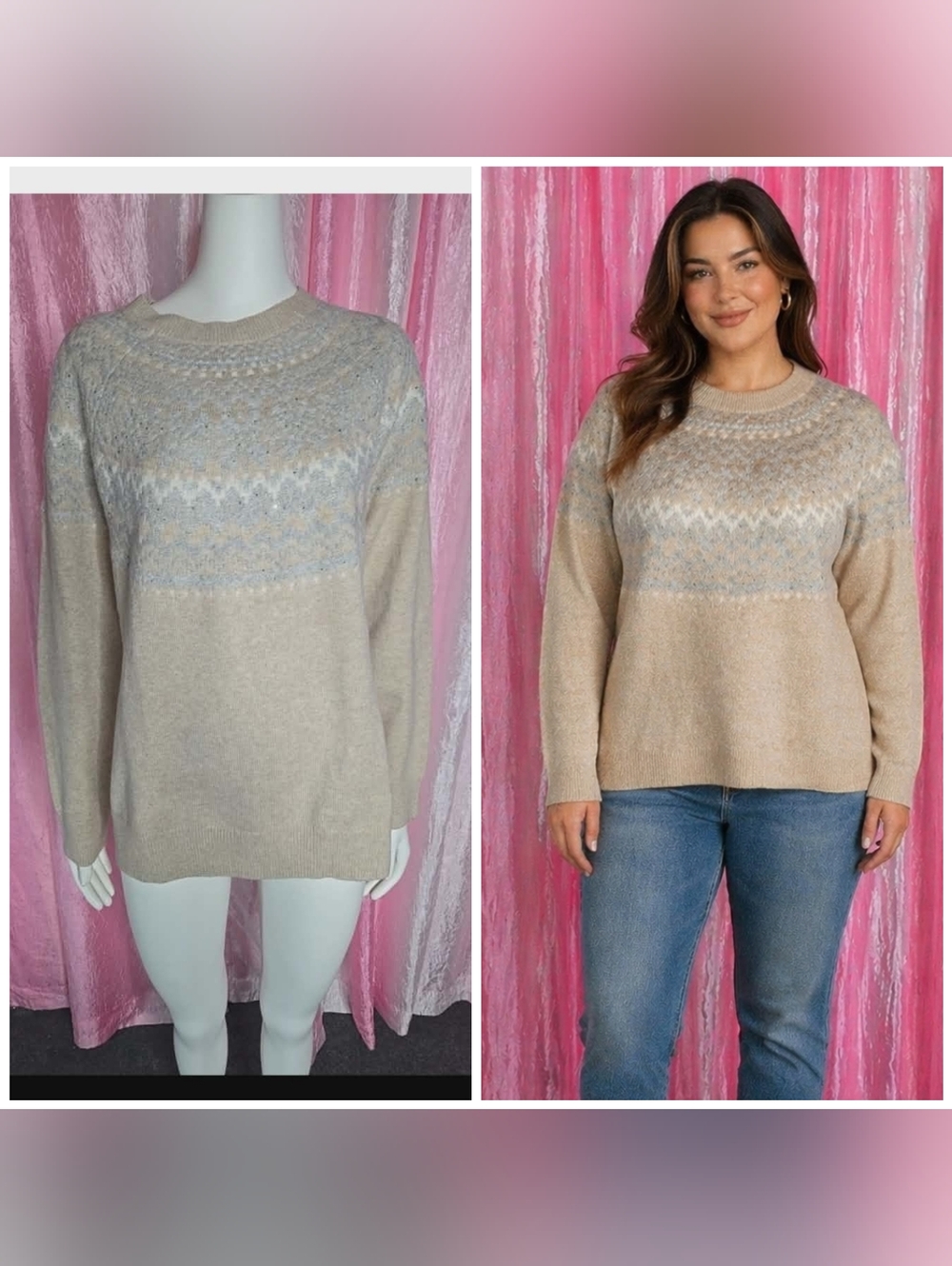 J. Jill Fair Isle Camel Heather Sequin Nordic Apres Ski Sweater Size Large
